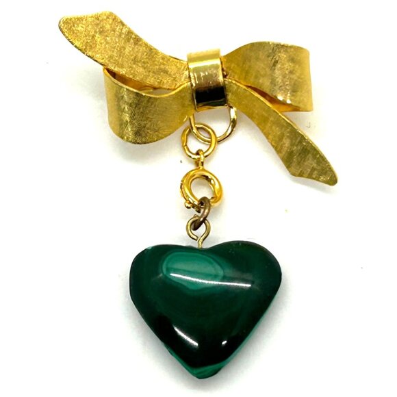 Vintage Gold Bow Brooch With Ring Clasp Malachite Heart Charm Victorian Revival - Picture 3 of 16